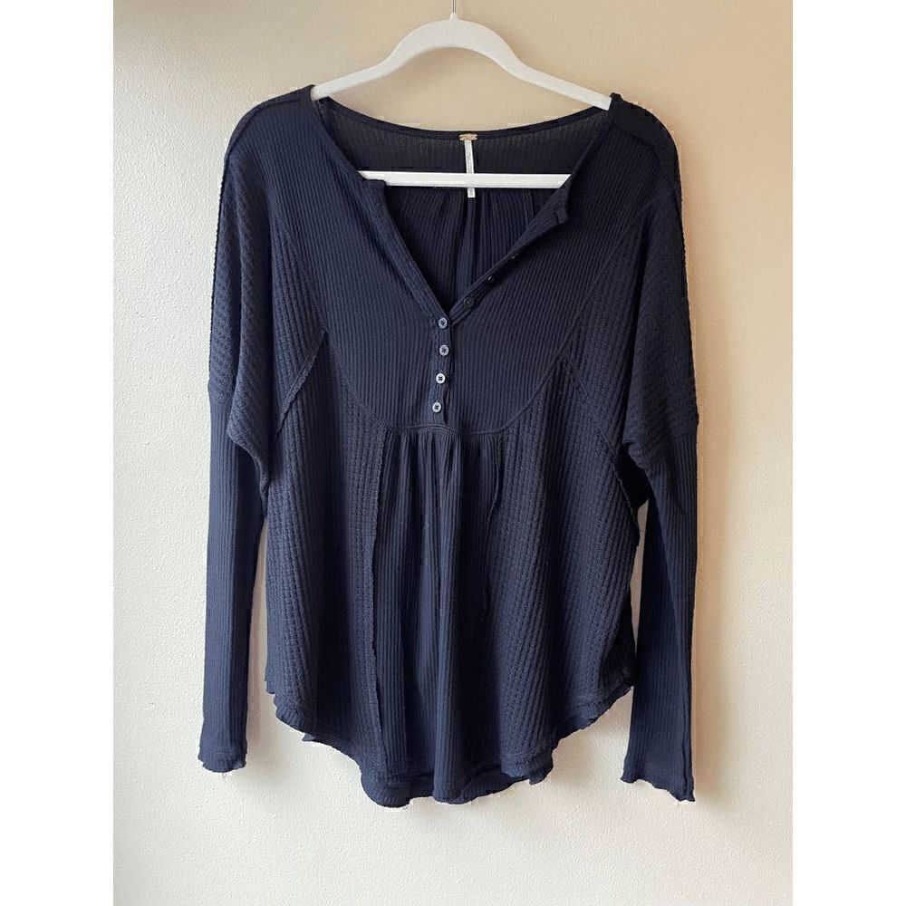 Free People Black Waffle Knit Henley Size XS